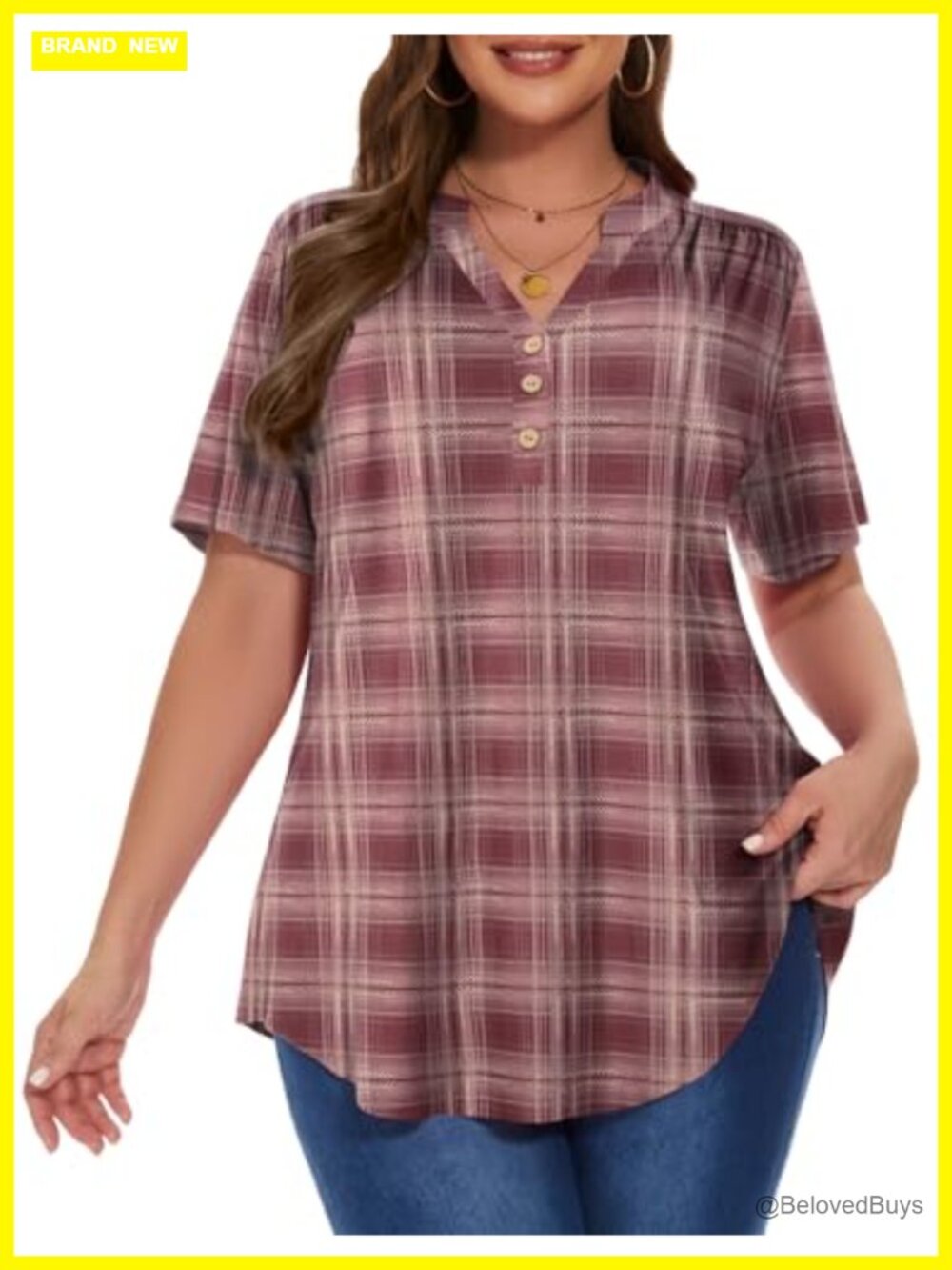 Plus Size Henley Tunic Top Short Sleeve Button Down Blouse